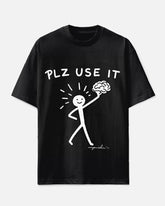 Big Men's Funny Cartoon Human with Brain PLZ USE IT Letter Printed Short Sleeve T-shirt